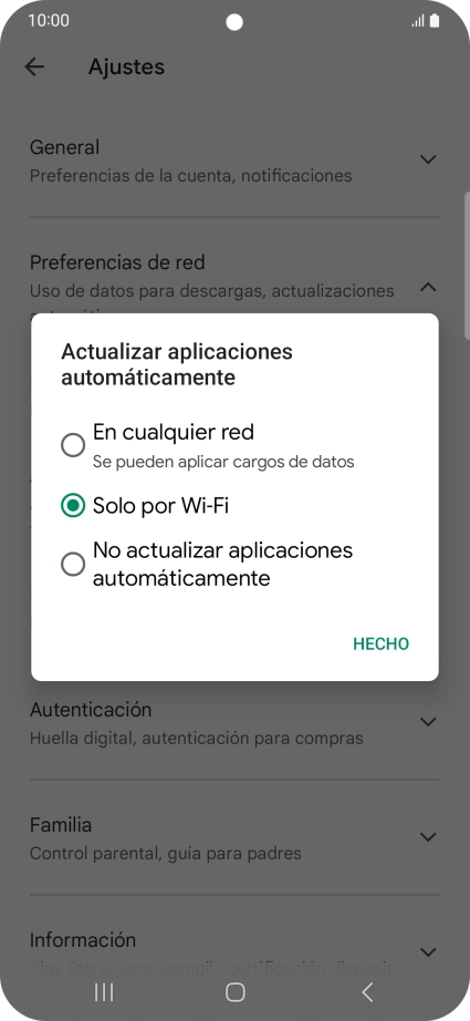Para activar la actualización automática de apps utilizando la red móvil, pulsa En cualquier red. Para activar la actualización automática de apps utilizando la red móvil, pulsa En cualquier red.