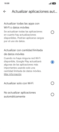 Para activar la actualización automática de apps utilizando la red móvil, pulsa Actualizar todas las apps con Wi-Fi o datos móviles. Para activar la actualización automática de apps utilizando la red móvil, pulsa Actualizar todas las apps con Wi-Fi o datos móviles.