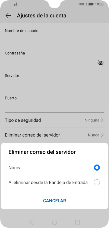 Pulsa Nunca para conservar los correos electrónicos en el servidor cuando los borras del teléfono. Pulsa Nunca para conservar los correos electrónicos en el servidor cuando los borras del teléfono.