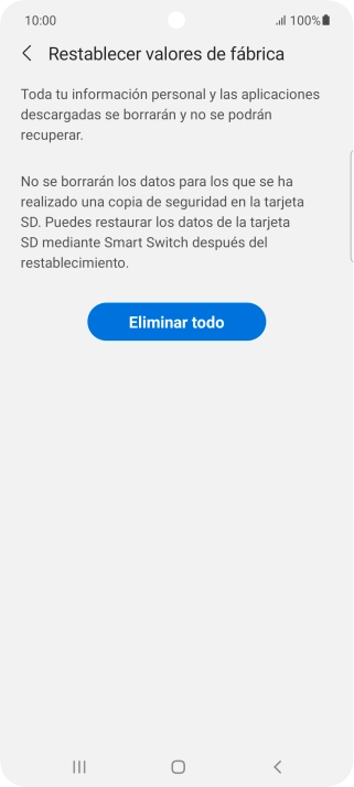 Pulsa Eliminar todo. Espera unos instantes mientras el teléfono restablece la configuración predeterminada. Sigue las indicaciones de la pantalla para configurar el teléfono y dejarlo listo para su uso. Pulsa Eliminar todo. Espera unos instantes mientras el teléfono restablece la configuración predeterminada. Sigue las indicaciones de la pantalla para configurar el teléfono y dejarlo listo para su uso.