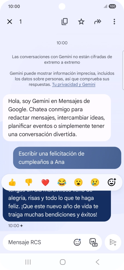 Pulsa la propuesta de texto de Gemini durante unos instantes. Sigue las indicaciones de la pantalla para utilizar el texto propuesto. Pulsa la propuesta de texto de Gemini durante unos instantes. Sigue las indicaciones de la pantalla para utilizar el texto propuesto.