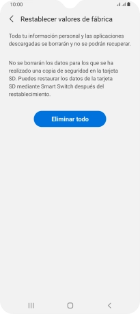 Pulsa Eliminar todo. Espera unos instantes mientras el teléfono restablece la configuración predeterminada. Sigue las indicaciones de la pantalla para configurar el teléfono y dejarlo listo para su uso. Pulsa Eliminar todo. Espera unos instantes mientras el teléfono restablece la configuración predeterminada. Sigue las indicaciones de la pantalla para configurar el teléfono y dejarlo listo para su uso.