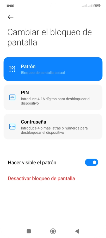 Pulsa Desactivar bloqueo de pantalla e introduce el código de seguridad extra que has creado anteriormente. Pulsa Desactivar bloqueo de pantalla e introduce el código de seguridad extra que has creado anteriormente.
