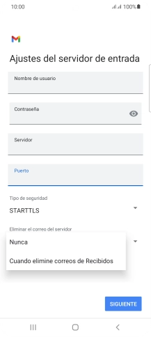 Pulsa Nunca para conservar los correos electrónicos en el servidor cuando los borras del teléfono. Pulsa Nunca para conservar los correos electrónicos en el servidor cuando los borras del teléfono.