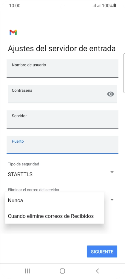 Pulsa Nunca para conservar los correos electrónicos en el servidor cuando los borras del teléfono. Pulsa Nunca para conservar los correos electrónicos en el servidor cuando los borras del teléfono.