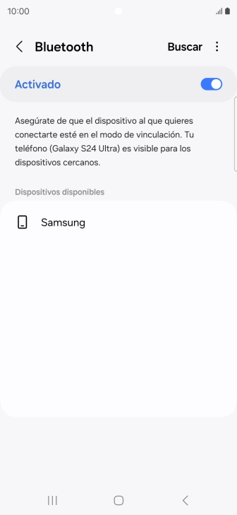 Pulsa el dispositivo Bluetooth deseado y sigue las indicaciones de la pantalla para vincular el dispositivo al teléfono. Pulsa el dispositivo Bluetooth deseado y sigue las indicaciones de la pantalla para vincular el dispositivo al teléfono.