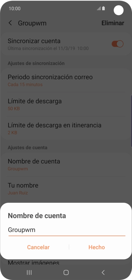Introduce el nombre deseado de la cuenta de correo electrónico y pulsa Hecho. Introduce el nombre deseado de la cuenta de correo electrónico y pulsa Hecho.