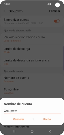 Introduce el nombre deseado de la cuenta de correo electrónico y pulsa Hecho. Introduce el nombre deseado de la cuenta de correo electrónico y pulsa Hecho.