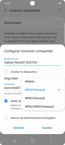 Pulsa WPA2-Personal para proteger la conexión wifi con una contraseña. Pulsa WPA2-Personal para proteger la conexión wifi con una contraseña.