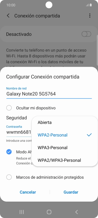 Pulsa WPA2-Personal para proteger la conexión wifi con una contraseña. Pulsa WPA2-Personal para proteger la conexión wifi con una contraseña.
