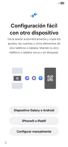 Pulsa la opción deseada para transferir contenido desde otro dispositivo y pulsa Configurar manualmente. Pulsa la opción deseada para transferir contenido desde otro dispositivo y pulsa Configurar manualmente.