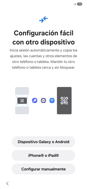 Pulsa la opción deseada para transferir contenido desde otro dispositivo y pulsa Configurar manualmente. Pulsa la opción deseada para transferir contenido desde otro dispositivo y pulsa Configurar manualmente.