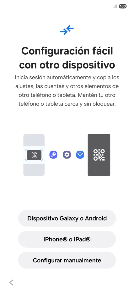 Pulsa la opción deseada para transferir contenido desde otro dispositivo y pulsa Configurar manualmente. Pulsa la opción deseada para transferir contenido desde otro dispositivo y pulsa Configurar manualmente.