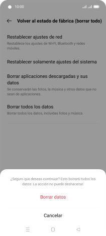 Pulsa Borrar datos. Espera unos instantes mientras el teléfono restablece la configuración predeterminada. Sigue las indicaciones de la pantalla para configurar el teléfono y dejarlo listo para su uso. Pulsa Borrar datos. Espera unos instantes mientras el teléfono restablece la configuración predeterminada. Sigue las indicaciones de la pantalla para configurar el teléfono y dejarlo listo para su uso.