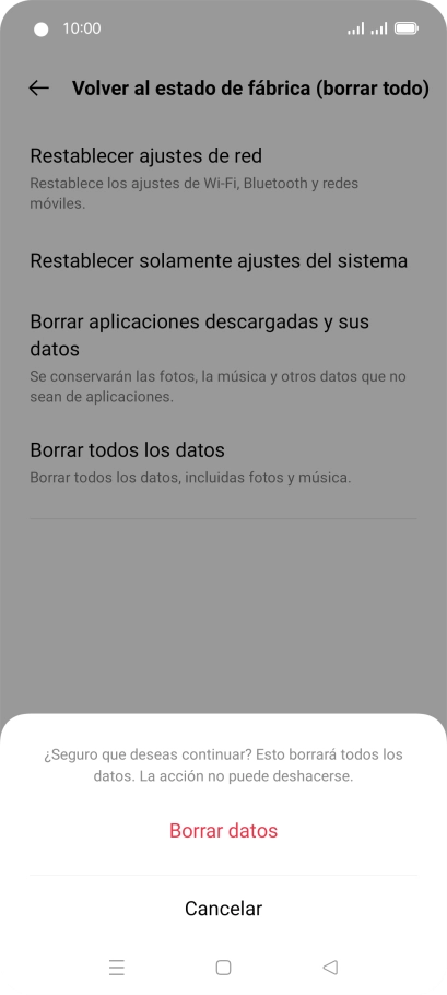 Pulsa Borrar datos. Espera unos instantes mientras el teléfono restablece la configuración predeterminada. Sigue las indicaciones de la pantalla para configurar el teléfono y dejarlo listo para su uso. Pulsa Borrar datos. Espera unos instantes mientras el teléfono restablece la configuración predeterminada. Sigue las indicaciones de la pantalla para configurar el teléfono y dejarlo listo para su uso.