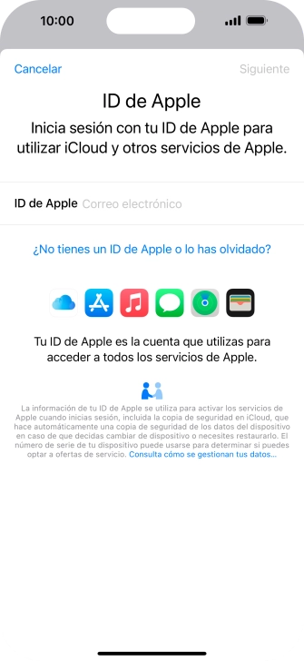 Si no tienes un ID de Apple, pulsa ¿No tienes un ID de Apple o lo has olvidado? y sigue las indicaciones de la pantalla para ver cómo crear un ID de Apple. Si no tienes un ID de Apple, pulsa ¿No tienes un ID de Apple o lo has olvidado? y sigue las indicaciones de la pantalla para ver cómo crear un ID de Apple.