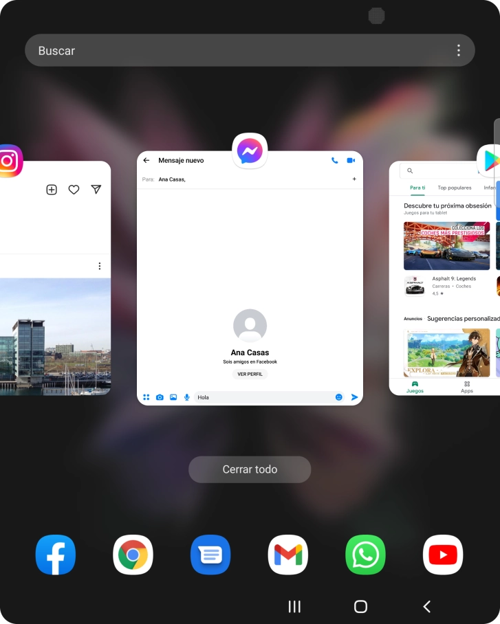 Para cerrar una sola aplicación en ejecución, desliza el dedo hacia arriba sobre la aplicación deseada. Para cerrar una sola aplicación en ejecución, desliza el dedo hacia arriba sobre la aplicación deseada.