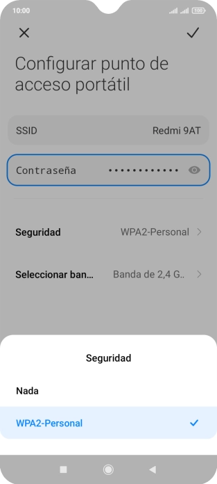 Pulsa WPA2-Personal para proteger la conexión wifi con una contraseña. Pulsa WPA2-Personal para proteger la conexión wifi con una contraseña.