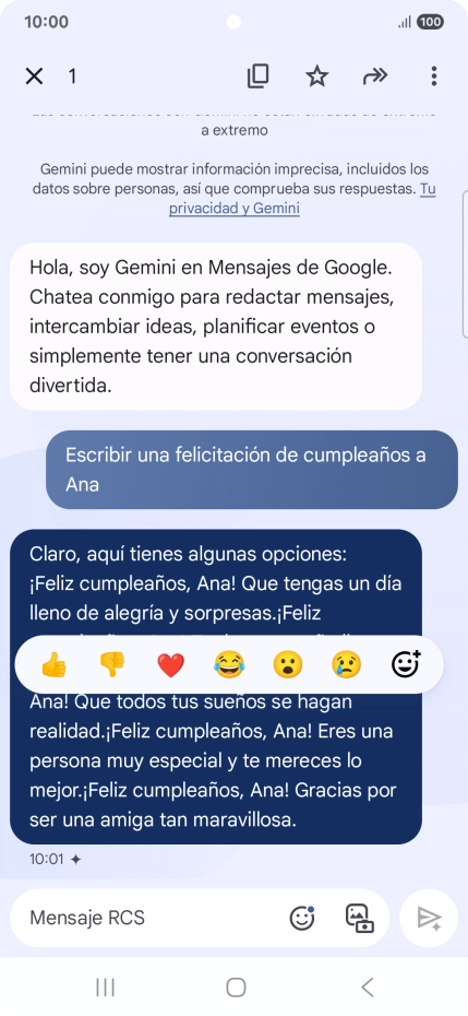 Pulsa la propuesta de texto de Gemini durante unos instantes. Sigue las indicaciones de la pantalla para utilizar el texto propuesto. Pulsa la propuesta de texto de Gemini durante unos instantes. Sigue las indicaciones de la pantalla para utilizar el texto propuesto.