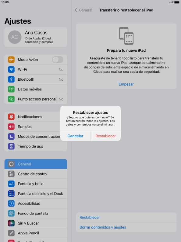 Pulsa Restablecer. Espera unos instantes mientras la tablet restablece la configuración predeterminada. Sigue las indicaciones de la pantalla para configurar la tablet y dejarla lista para su uso. Pulsa Restablecer. Espera unos instantes mientras la tablet restablece la configuración predeterminada. Sigue las indicaciones de la pantalla para configurar la tablet y dejarla lista para su uso.