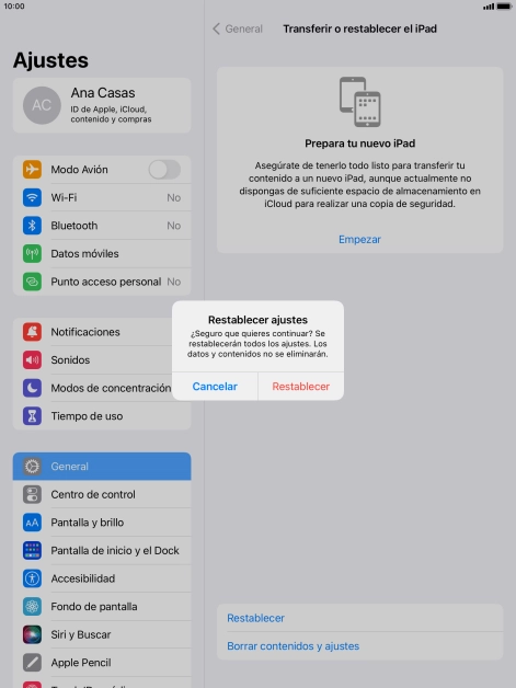 Pulsa Restablecer. Espera unos instantes mientras la tablet restablece la configuración predeterminada. Sigue las indicaciones de la pantalla para configurar la tablet y dejarla lista para su uso. Pulsa Restablecer. Espera unos instantes mientras la tablet restablece la configuración predeterminada. Sigue las indicaciones de la pantalla para configurar la tablet y dejarla lista para su uso.