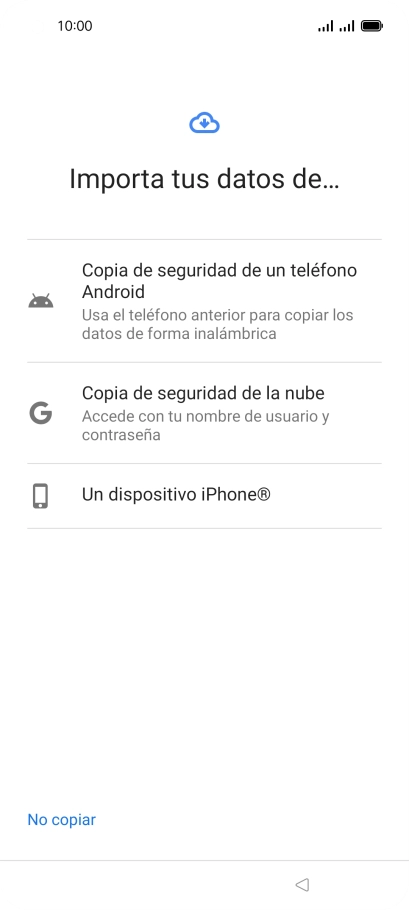 Pulsa el ajuste deseado y sigue las instrucciones de la pantalla para transferir el contenido del otro teléfono. Pulsa el ajuste deseado y sigue las instrucciones de la pantalla para transferir el contenido del otro teléfono.