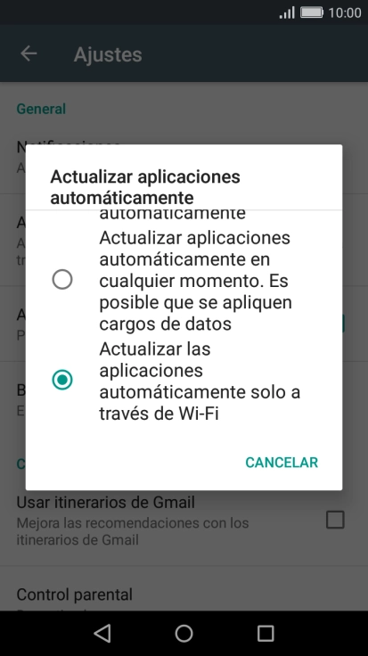 Para activar la actualización automática de apps a través de wifi, pulsa Actualizar las aplicaciones automáticamente solo a través de Wi-Fi. Para activar la actualización automática de apps a través de wifi, pulsa Actualizar las aplicaciones automáticamente solo a través de Wi-Fi.