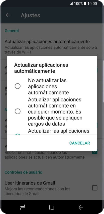 Pulsa No actualizar las aplicaciones automáticamente para desactivar la función. Pulsa No actualizar las aplicaciones automáticamente para desactivar la función.