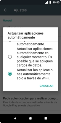 Para activar la actualización automática de apps a través de wifi, pulsa Actualizar las aplicaciones automáticamente solo a través de Wi-Fi.. Para activar la actualización automática de apps a través de wifi, pulsa Actualizar las aplicaciones automáticamente solo a través de Wi-Fi..