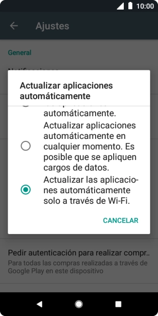Para activar la actualización automática de apps a través de wifi, pulsa Actualizar las aplicaciones automáticamente solo a través de Wi-Fi.. Para activar la actualización automática de apps a través de wifi, pulsa Actualizar las aplicaciones automáticamente solo a través de Wi-Fi..