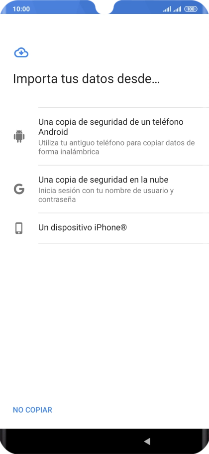 Pulsa la opción deseada y sigue las indicaciones de la pantalla para transferir contenido desde el otro teléfono y finalizar la activación de tu teléfono. Pulsa la opción deseada y sigue las indicaciones de la pantalla para transferir contenido desde el otro teléfono y finalizar la activación de tu teléfono.