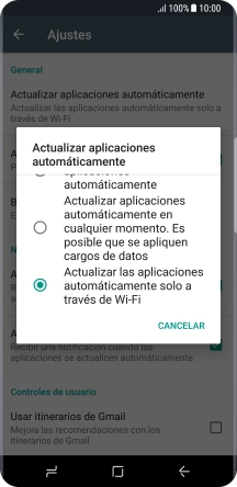 Pulsa Actualizar las aplicaciones automáticamente solo a través de Wi-Fi para activar la función. Pulsa Actualizar las aplicaciones automáticamente solo a través de Wi-Fi para activar la función.