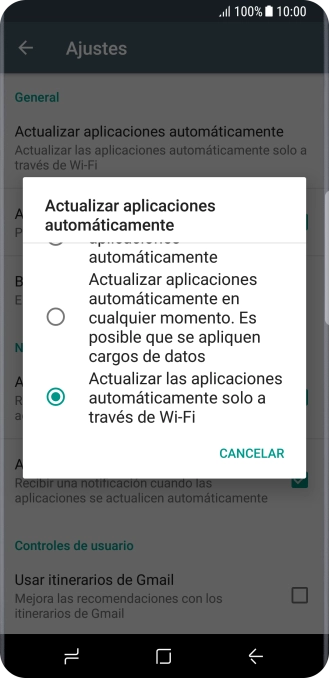 Pulsa Actualizar las aplicaciones automáticamente solo a través de Wi-Fi para activar la función. Pulsa Actualizar las aplicaciones automáticamente solo a través de Wi-Fi para activar la función.