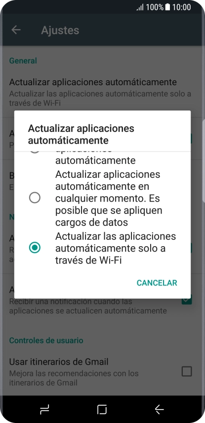 Pulsa Actualizar las aplicaciones automáticamente solo a través de Wi-Fi para activar la función. Pulsa Actualizar las aplicaciones automáticamente solo a través de Wi-Fi para activar la función.