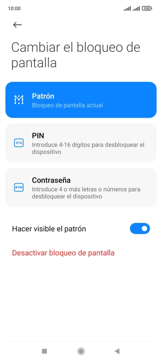 Pulsa Desactivar bloqueo de pantalla e introduce el código de seguridad extra que has creado anteriormente. Pulsa Desactivar bloqueo de pantalla e introduce el código de seguridad extra que has creado anteriormente.