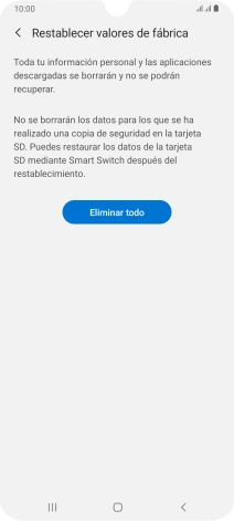Pulsa Eliminar todo. Espera unos instantes mientras el teléfono restablece la configuración predeterminada. Sigue las indicaciones de la pantalla para configurar el teléfono y dejarlo listo para su uso. Pulsa Eliminar todo. Espera unos instantes mientras el teléfono restablece la configuración predeterminada. Sigue las indicaciones de la pantalla para configurar el teléfono y dejarlo listo para su uso.