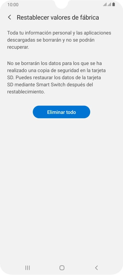 Pulsa Eliminar todo. Espera unos instantes mientras el teléfono restablece la configuración predeterminada. Sigue las indicaciones de la pantalla para configurar el teléfono y dejarlo listo para su uso. Pulsa Eliminar todo. Espera unos instantes mientras el teléfono restablece la configuración predeterminada. Sigue las indicaciones de la pantalla para configurar el teléfono y dejarlo listo para su uso.