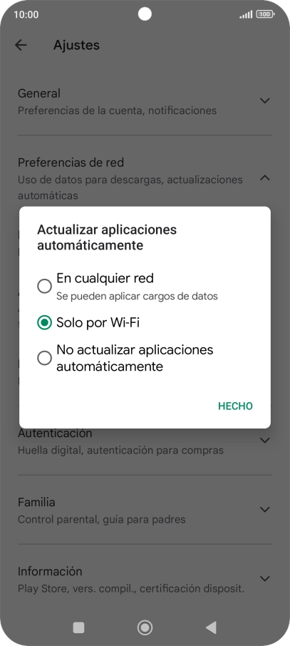 Para activar la actualización automática de apps utilizando la red móvil, pulsa En cualquier red. Para activar la actualización automática de apps utilizando la red móvil, pulsa En cualquier red.