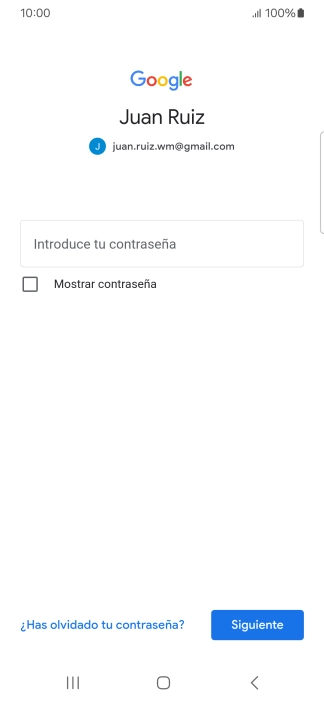 Pulsa Introduce tu contraseña e introduce la contraseña de tu cuenta de Google. Pulsa Introduce tu contraseña e introduce la contraseña de tu cuenta de Google.