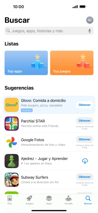 Pulsa en el campo de búsqueda e introduce el nombre o el tema de la app deseada. Pulsa en el campo de búsqueda e introduce el nombre o el tema de la app deseada.