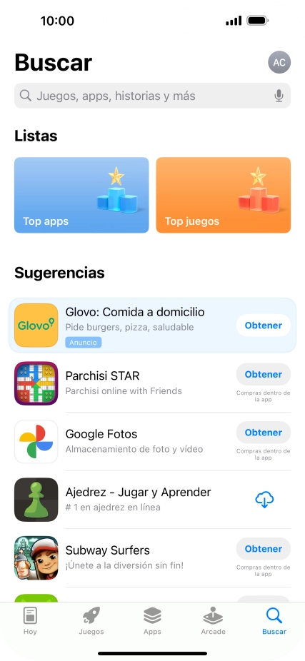 Pulsa en el campo de búsqueda e introduce el nombre o el tema de la app deseada. Pulsa en el campo de búsqueda e introduce el nombre o el tema de la app deseada.
