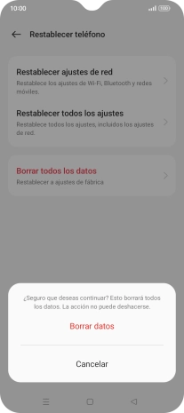 Pulsa Borrar datos. Espera unos instantes mientras el teléfono restablece la configuración predeterminada. Sigue las indicaciones de la pantalla para configurar el teléfono y dejarlo listo para su uso. Pulsa Borrar datos. Espera unos instantes mientras el teléfono restablece la configuración predeterminada. Sigue las indicaciones de la pantalla para configurar el teléfono y dejarlo listo para su uso.