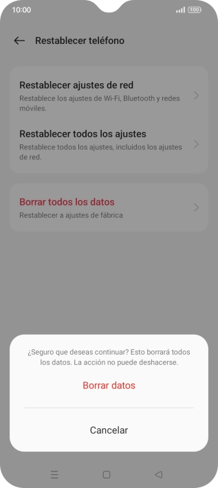 Pulsa Borrar datos. Espera unos instantes mientras el teléfono restablece la configuración predeterminada. Sigue las indicaciones de la pantalla para configurar el teléfono y dejarlo listo para su uso. Pulsa Borrar datos. Espera unos instantes mientras el teléfono restablece la configuración predeterminada. Sigue las indicaciones de la pantalla para configurar el teléfono y dejarlo listo para su uso.