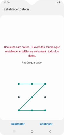 Desliza el dedo por la pantalla para unir por lo menos cuatro puntos y pulsa Continuar. Desliza el dedo por la pantalla para unir por lo menos cuatro puntos y pulsa Continuar.