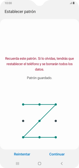 Desliza el dedo por la pantalla para unir por lo menos cuatro puntos y pulsa Continuar. Desliza el dedo por la pantalla para unir por lo menos cuatro puntos y pulsa Continuar.