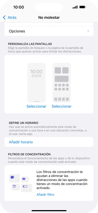 Pulsa Añadir horario y sigue las indicaciones de la pantalla para seleccionar los ajustes de la activación automática de No molestar. Pulsa Añadir horario y sigue las indicaciones de la pantalla para seleccionar los ajustes de la activación automática de No molestar.