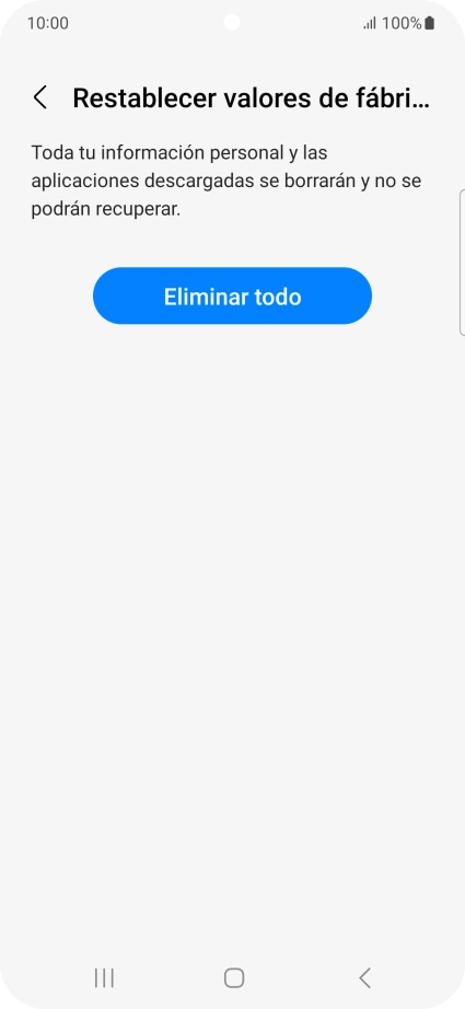 Pulsa Eliminar todo. Espera unos instantes mientras el teléfono restablece la configuración predeterminada. Sigue las indicaciones de la pantalla para configurar el teléfono y dejarlo listo para su uso. Pulsa Eliminar todo. Espera unos instantes mientras el teléfono restablece la configuración predeterminada. Sigue las indicaciones de la pantalla para configurar el teléfono y dejarlo listo para su uso.