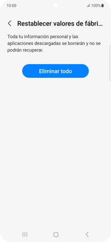 Pulsa Eliminar todo. Espera unos instantes mientras el teléfono restablece la configuración predeterminada. Sigue las indicaciones de la pantalla para configurar el teléfono y dejarlo listo para su uso. Pulsa Eliminar todo. Espera unos instantes mientras el teléfono restablece la configuración predeterminada. Sigue las indicaciones de la pantalla para configurar el teléfono y dejarlo listo para su uso.