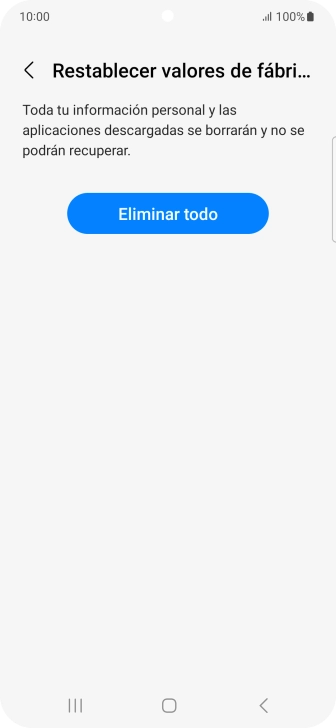 Pulsa Eliminar todo. Espera unos instantes mientras el teléfono restablece la configuración predeterminada. Sigue las indicaciones de la pantalla para configurar el teléfono y dejarlo listo para su uso. Pulsa Eliminar todo. Espera unos instantes mientras el teléfono restablece la configuración predeterminada. Sigue las indicaciones de la pantalla para configurar el teléfono y dejarlo listo para su uso.