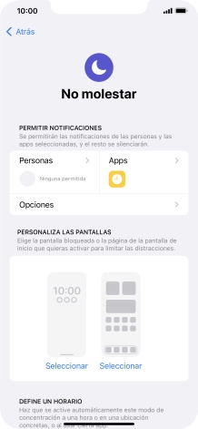 Pulsa Personas y sigue las indicaciones de la pantalla para seleccionar de qué contactos quieres recibir llamadas y notificaciones cuando No molestar está activado. Pulsa Personas y sigue las indicaciones de la pantalla para seleccionar de qué contactos quieres recibir llamadas y notificaciones cuando No molestar está activado.